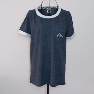 PINK Contrast Trim Ringer Tee - Charcoal with White